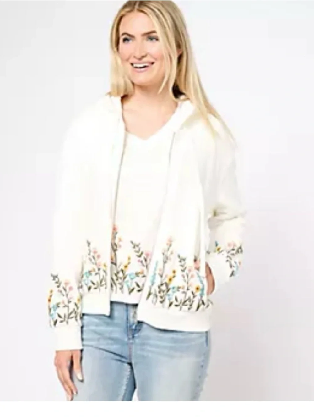 Driftwood White Zip Up Hoodie with Floral Embroidery - Sunny Garden - Picture 11 of 13